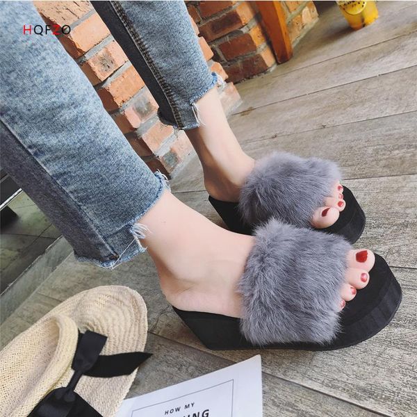 

slippers fashion fur shale shoes for women platform high heel wedges terlik beach flip flops summer sandals chanclas mujer 2021, Black