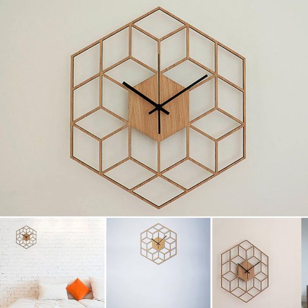 

wall clocks clock office gift silent modern hollow battery operated quartz bamboo wood bedroom geometry home decor large hexagonal