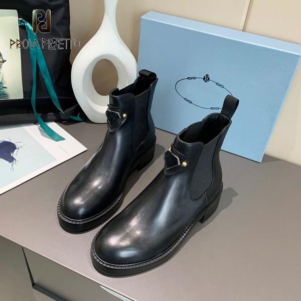 

boots prova perfettoe 2021 winter real leather triangle casual shoes round toe simple fashion platform black ankle