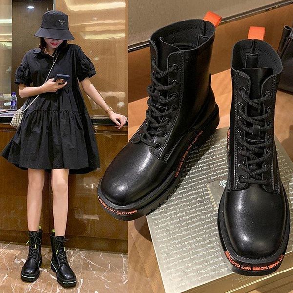 

2021 ankle boots solid black leather boots female shoes woman lace up thick bottom platform motorcycle1
