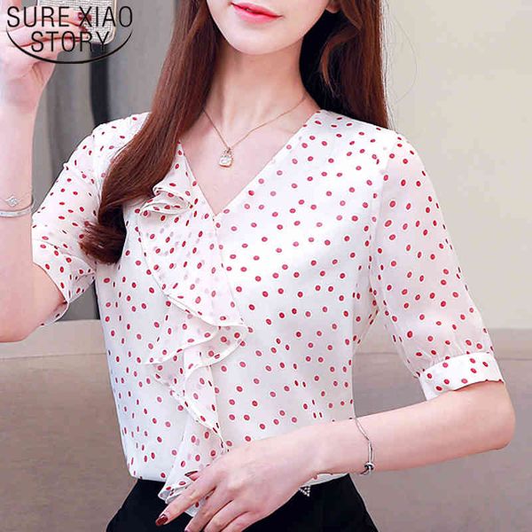 

fashion casual blouse short sleeve v-neck polka dot women clothing womens and blouses ruffle chiffon 5363 50 210415, White