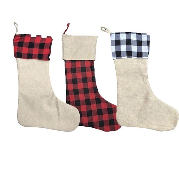 

christmas decorations 5pcs/lot creative plaid stocking sublimation sock hanging ornaments gifts bag reusable xmas home decoration