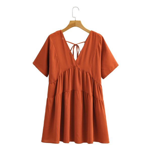 

women v-neck short sleeve high waist dress vintage pure color loose casual back tie chic female mini dresses 210507, Black;gray