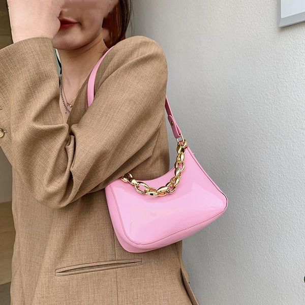 

jewelry pouches, bags fashion patent leather armpit bag women 2021 elegant generous candy color small with chain shoulder handb, Pink;blue