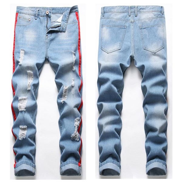 

fashion mens jeans vintage slim long pants patch red cloth edge skinny trousers ripped light blue for men men's