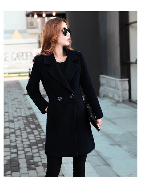 

women's & designer womens blends casual double breasted v neck long sleeve slim solid color wool coats fashion business ladies outerwea, Black