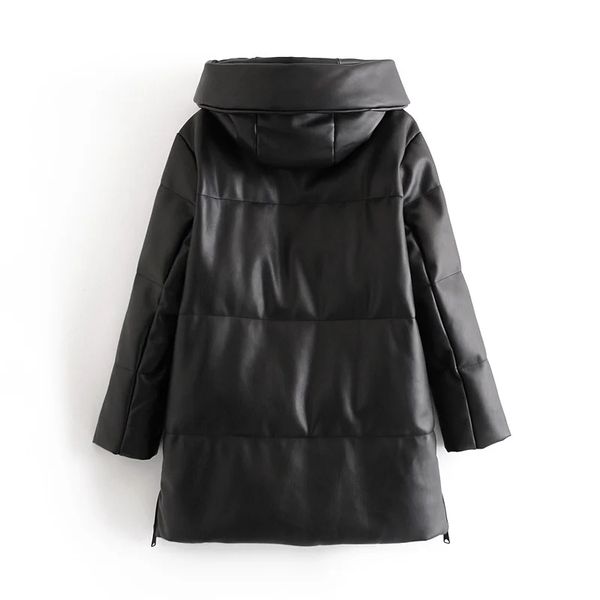 

winter women thick hooded leather parkas female fashion zippers pockets padded coat ladies chic outerwear, Black