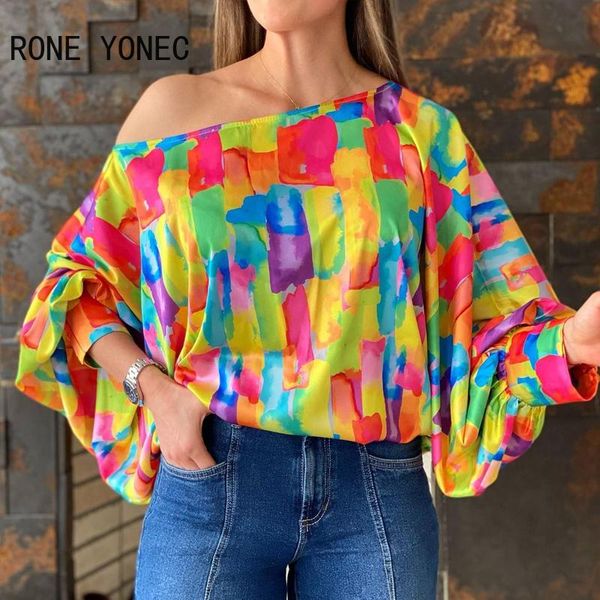 

women's blouses & shirts women shirt lantern sleeve colorblock slash neck casual blouse, White