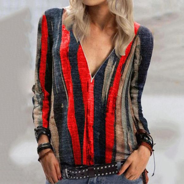 

autumn ladies shirt casual vertical stripes front zipper v neck long sleeves pullover streetwear female blouse women's blouses & shirts, White