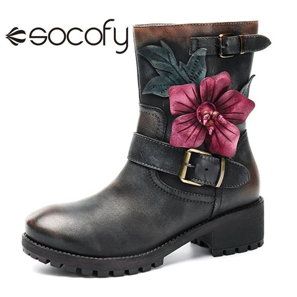 

socofy vintage mid-calf boots women shoes genuine leather plush fur-lined motorcycle winter autumn boot boats mujer, Black