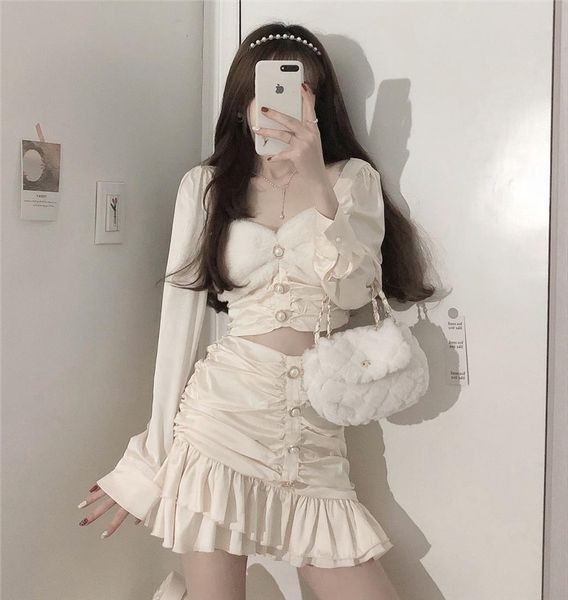 

korea sweet long sleeve shirts women tracksuits skirts two pieces sets white buttons y2k elegant skirt female outfits spring, Gray