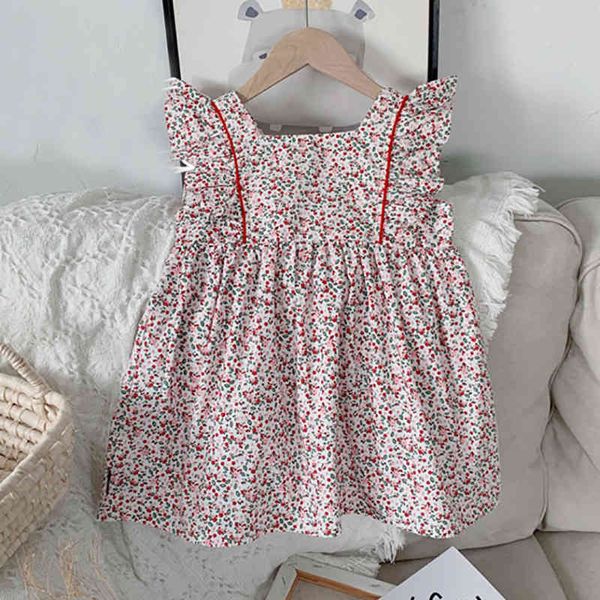 Koreanischer Stil des ärmellosen Blumendrucks Süße Prinzessin Kleid Kind Kleidung Mädchen Mode Sommer 210515