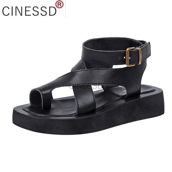 

sandals cinessd women genuine leather 2021 summer clip toe ladies roman shoes muffin, Black