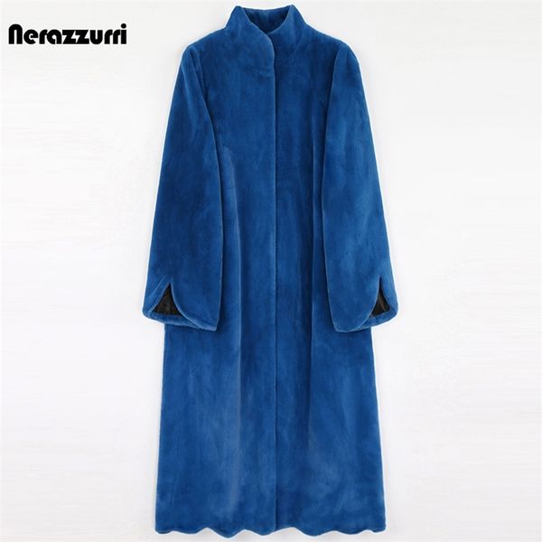 Nerazzurri Kış Uzun Mavi Sıcak Kalın Kabarık Faux Kürk Kadın Tarak Hem Bir Çizgi Siyah Kore Moda Giyim 5XL 6XL 7XL 211007