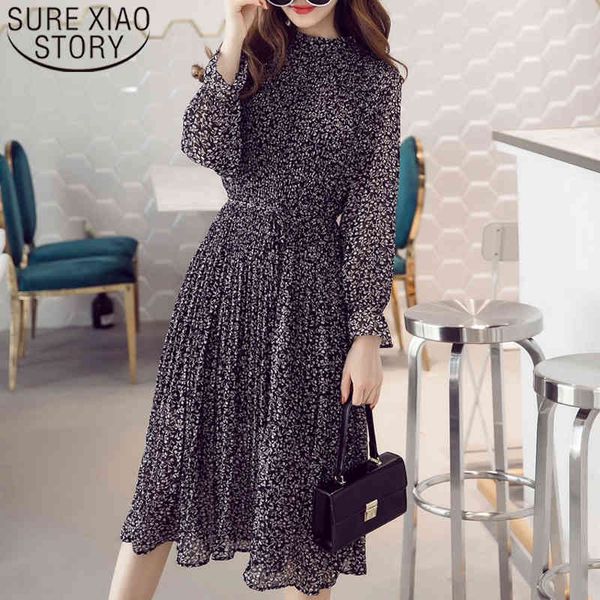 

spring autumn black floral print chiffon dresses flare sleeve stand collar empire pleated midi women dress vestidos 8634 50 210508, Black;gray