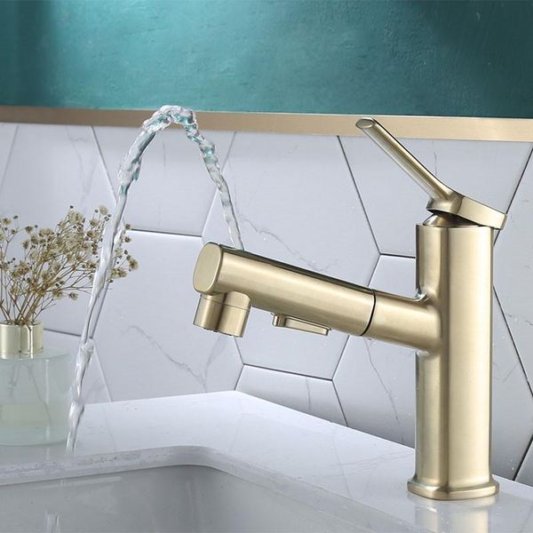 

bathroom sink faucets brushed gold copper basin pull out brass mixer taps & cold single handle deck mounted black/chrome