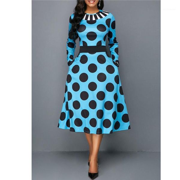 

casual dresses long sleeve autumn dress women 2021 elegant vintage ball gown party plus size slim dot pocket 5xl, Black;gray