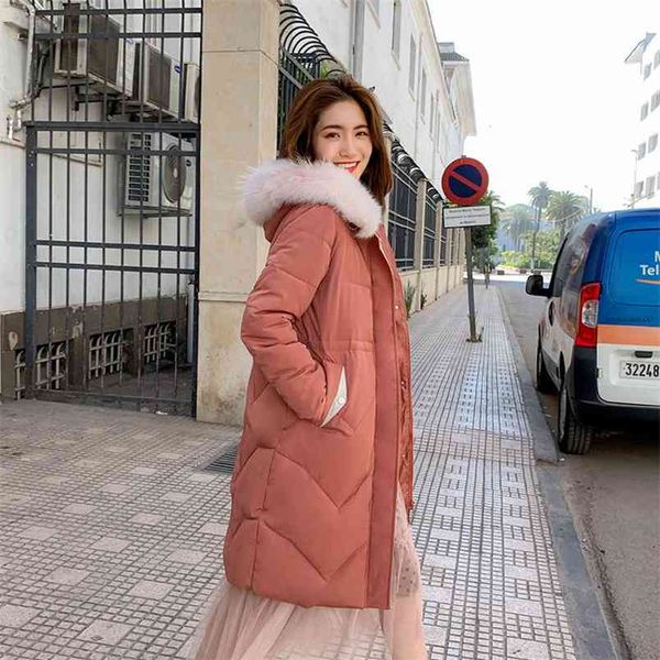 

korea fashion winter jacket women slim long cotton padded big fur collar hooded casual parkas warm thick coat d468 210512, Black