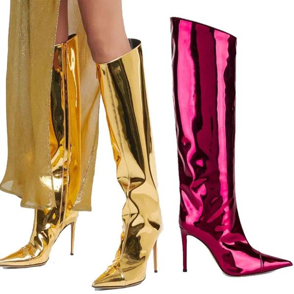 

boots 2021 women knee high metallic sheen mirror leather stiletto heels pointed toe female runway banquet botas shoes, Black