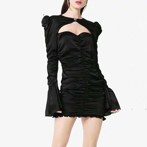 

casual dresses eayucu vintage hepburn style satin black women 2021 hollow flare sleeve folds skinny female short party dress d464, Black;gray
