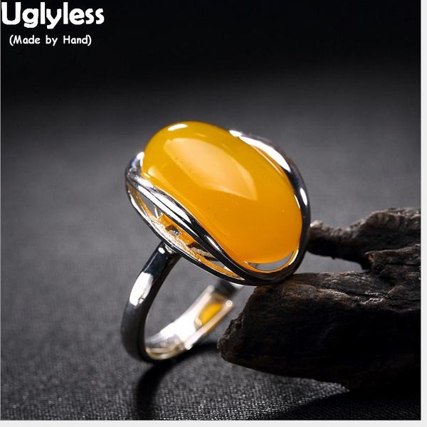

cluster rings uglyless real s925 sterling silver natural chalcedony opening ring yellow gems finger women handmade jewelry hollow bijoux, Golden;silver