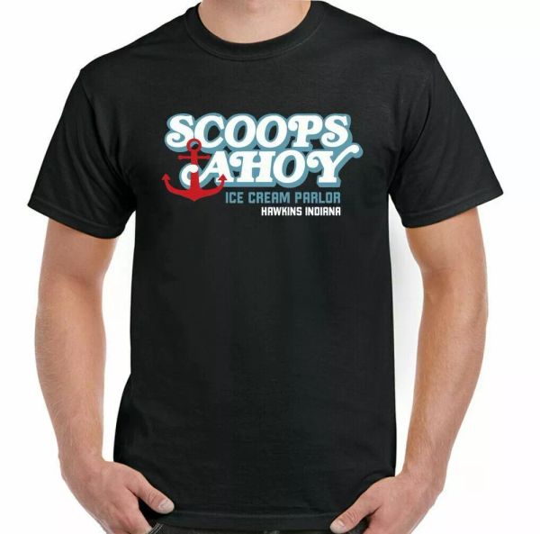 

scoops ahoy t-shirt stranger things mens tee tv show program, White;black