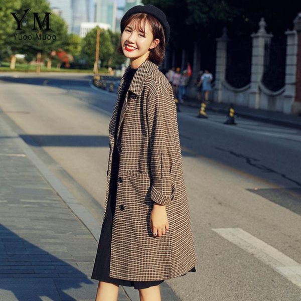 

women's wool & blends yuoomuoo button design jacket women autumn coat turn-down collar for classic plaid double breasted winter, Black
