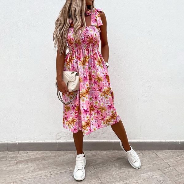 

casual dresses fashion women summer flower print a-line dress shrinkage design pockets bandage decor sling sleevelss square collar slim, Black;gray
