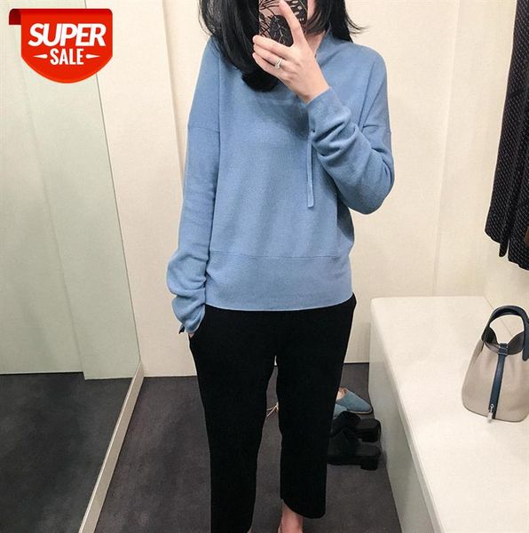 

spring style v-neck pullover sweater with drawstring cuffs loose temperament brick red blue #t32d, Black