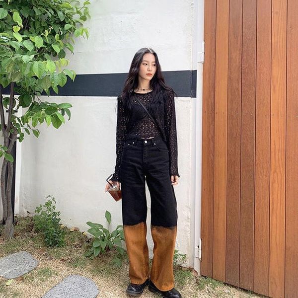 

women's jeans autumn high-waist women tie-dye straight-leg color matching loose high-quality harajuku mopping trousers bottoms 2021, Blue