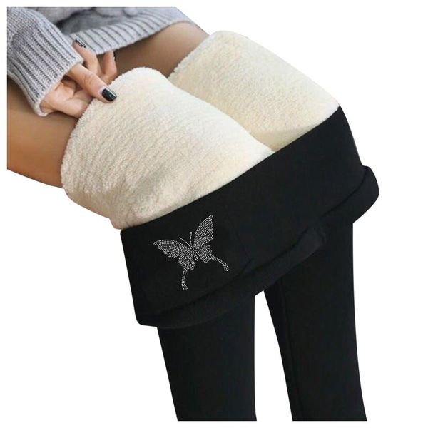 

women's leggings women drilling butterfly warm leggins winter plush velvet keep high waist skinny elastic trousers jegging, Black