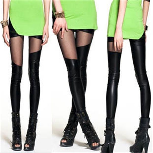 

leggings fashion spring and autumn thin leather mesh stitching slim cropped pants, Black