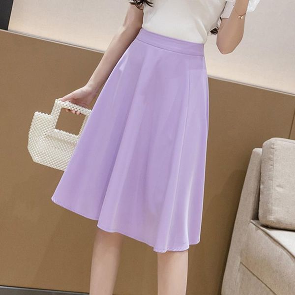 

summer harajuku short casual loose womens skirts solid midi a line high waist kawaii purple mujer, Black