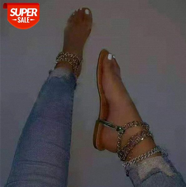 

large size ladies sandals flat women's shoes with rhinestone round toe metal beach and slippers women #gv1l, Black