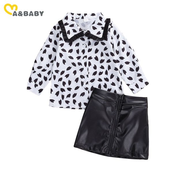 2-7Y Toddler Kid Girls Clothes Set Camicette di pizzo Top Gonne in pelle Pu Abiti Costumi per bambini Autunno Primavera 210515