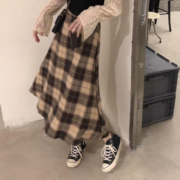 

high waist woolen plaid skirt autumn and winter ladies wool long women fashion casual mid-length streetwear 210514, Black