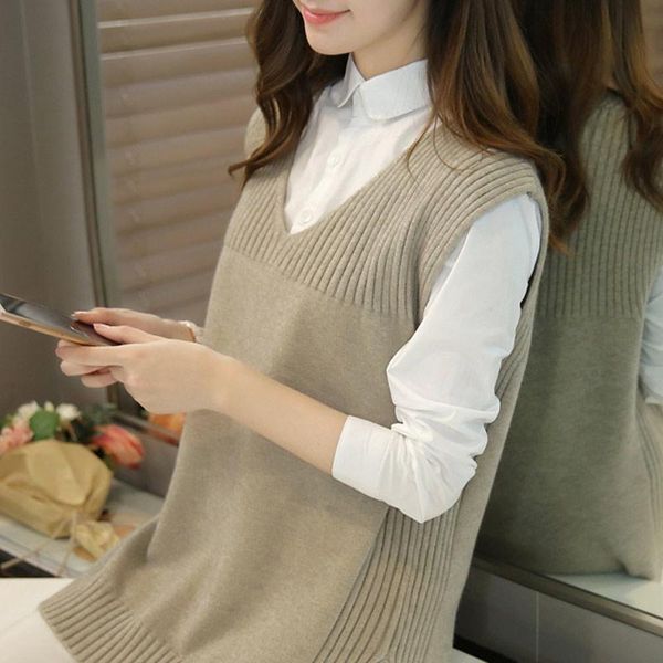 

women's sweaters vest spring and autumn sweater knitted loose v collar korean version mid length shoulder, White;black