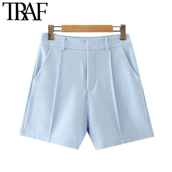 

traf women chic fashion office wear side pockets straight shorts vintage high waist zipper fly female short pants mujer 210408, White;black