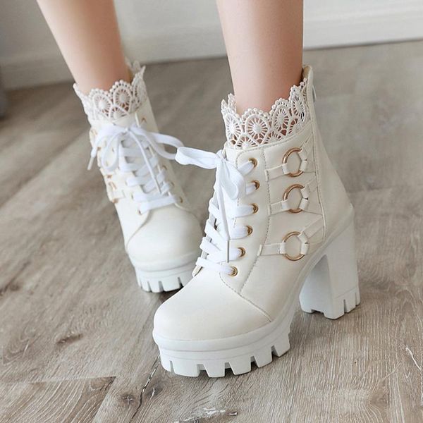 

boots ankle for women platform high heels female lace up shoes woman buckle short boot casual ladies footwear#3, Black