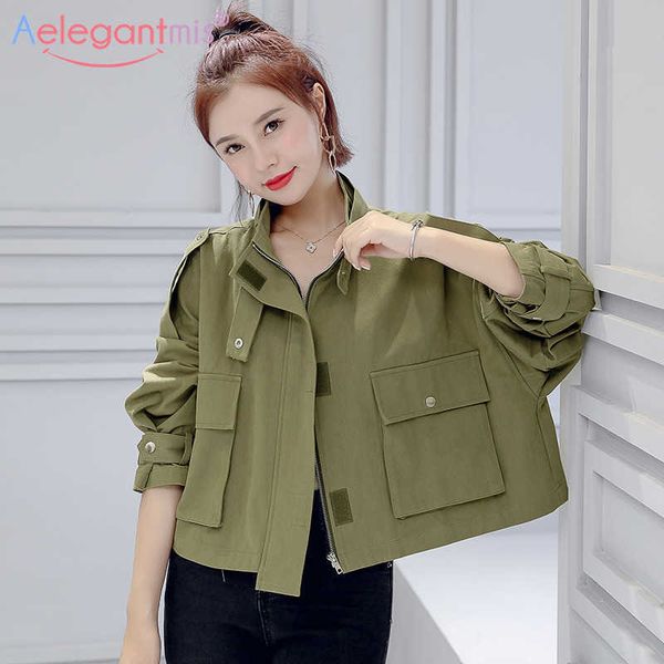 

aelegantmis vintage black oversized short bomber jacket women korean bf style loose cargo jackets ladies casual outerwear 210607, Black;brown