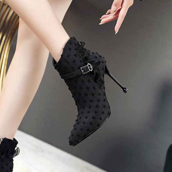 

boots 2021 spring and autumn leather fabrics with european american style thin heeled nude, Black