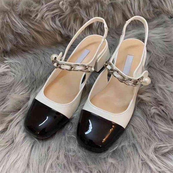 

2021 m 2021 summer patent leather home leather button pearl chain single shoes mary jane shoes thick heel sandals women's fashion yw 0k, Black