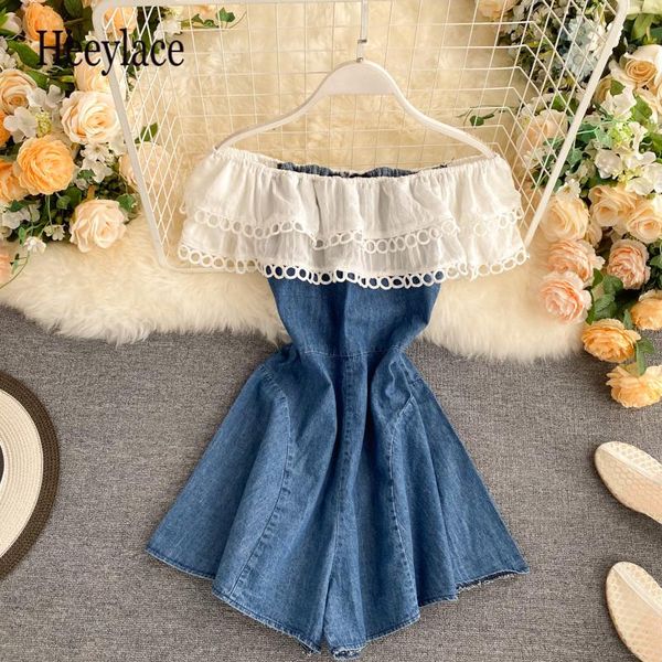 

retro short sleeve denim jumpsuit 2021 fashion ruffles mesh patchwork off shoulder slash neck overalls jeans shorts female women's jump, Black;white