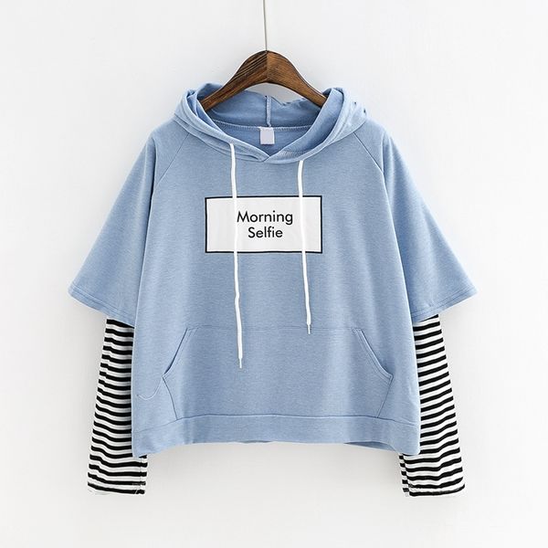 

autumn and student's fake two hooded pocket thin pullover winter stripe coat women's wear, Black