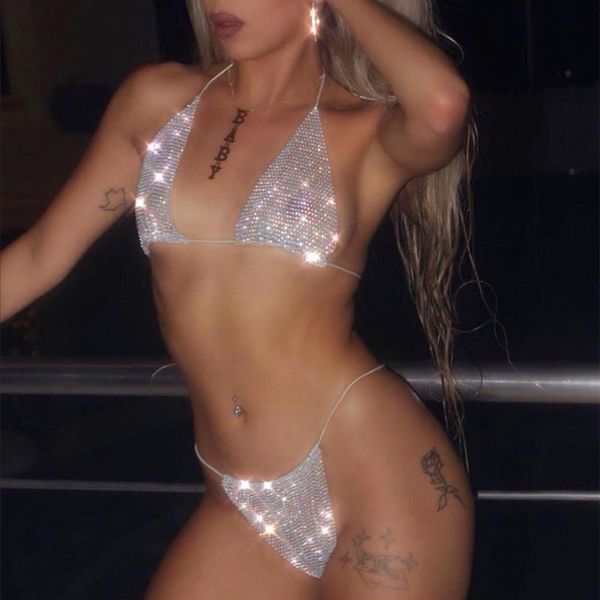 

bikini women shiny rhinestone low waist micro mesh semi-permeable nightclub party dropshiping women's swimwear, White;black