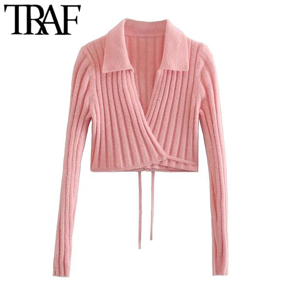 

traf women fashion with tied wrap cropped knitted cardigan sweater vintage long sleeve female outerwear chic 210415, White;black
