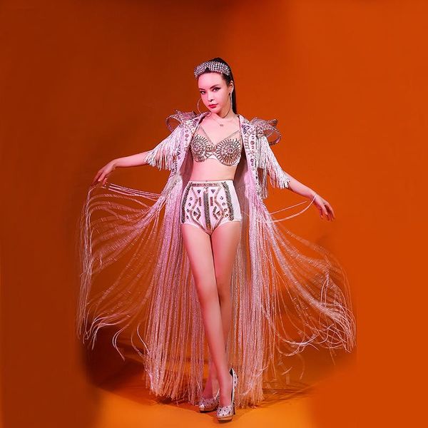 

women's trench coats 2021 women nightclub female singer dj dance lead white long fringe rhinestone stage costume party celebration birt, Tan;black