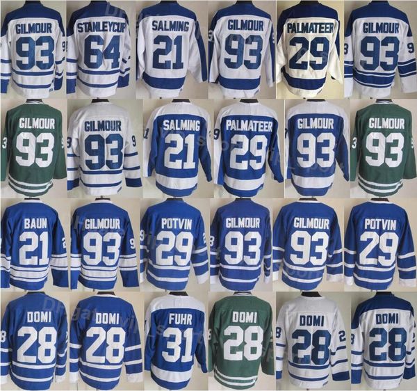 

men vintage retro ice hockey 93 doug gilmour jerseys 29 mike palmateer 21 borje salming 64 stanleycup 29 felix potvin breathable all stitche, Black;red