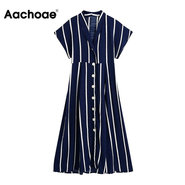 Acaroe Fashion Listrado Escritório Desgaste Camisa Longa Camisa Dos Mulheres Manga Curta Casual Maxi Vestidos Verão Chique De Verão 210413