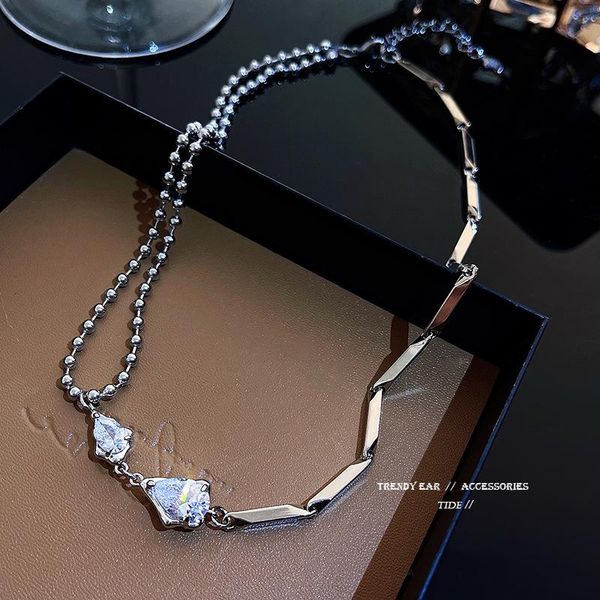 

chains 2021 retro double zircon titanium steel necklace for women korean fashion jewelry party girl clavicle chain, Silver